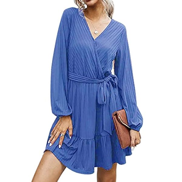 JayscreateEU Vestido de mujer otoño invierno hasta la rodilla cuello en V vestido de punto manga larga cintura alta volantes línea A vestido con cinturón vestido casual vestido festivo elegante, azul,